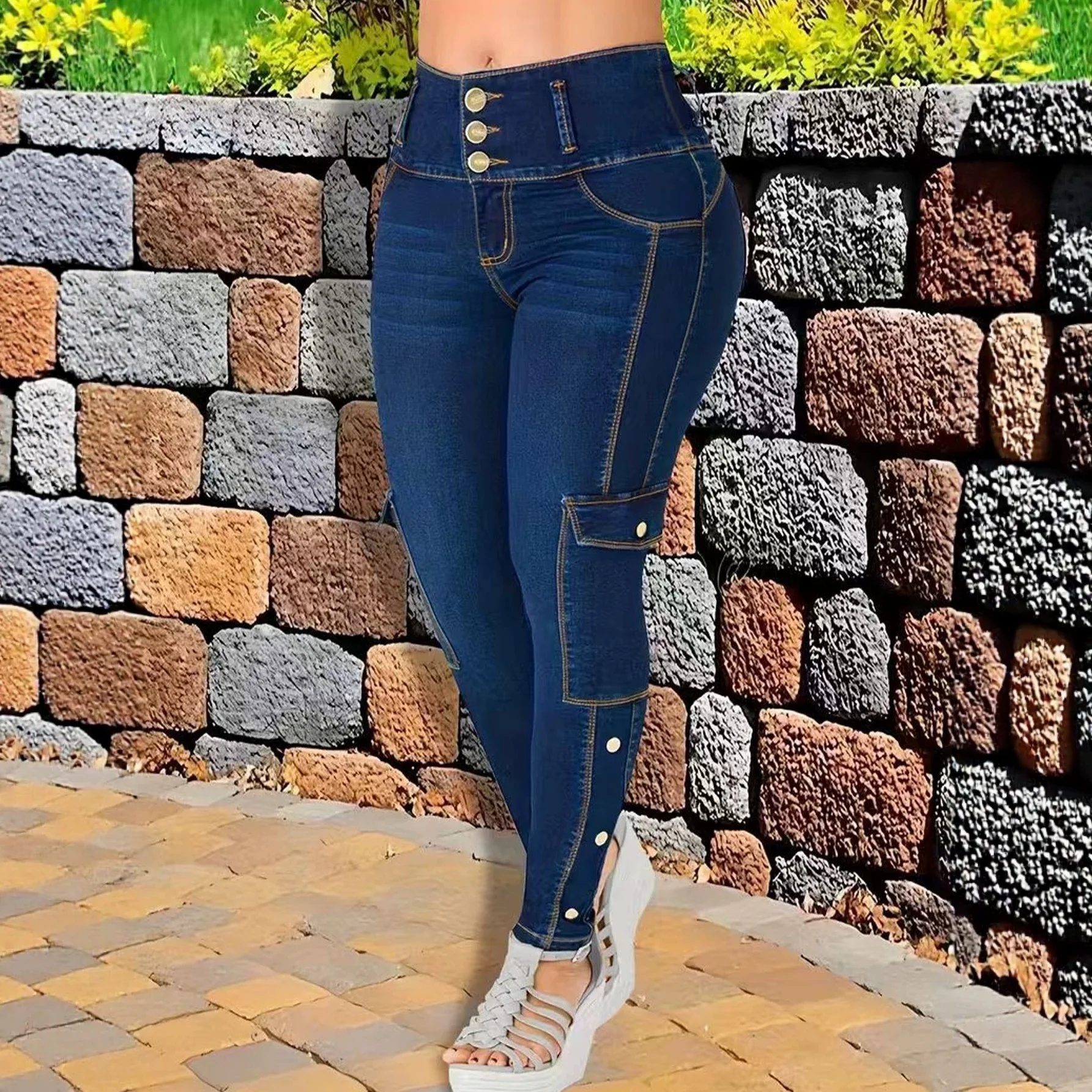 spring Women High Waist Buttons Butt Lift Skinny Jeans Stretch Denim Cargo Pants Calça Jeans Feminina Multi Pocket Slim Trousers