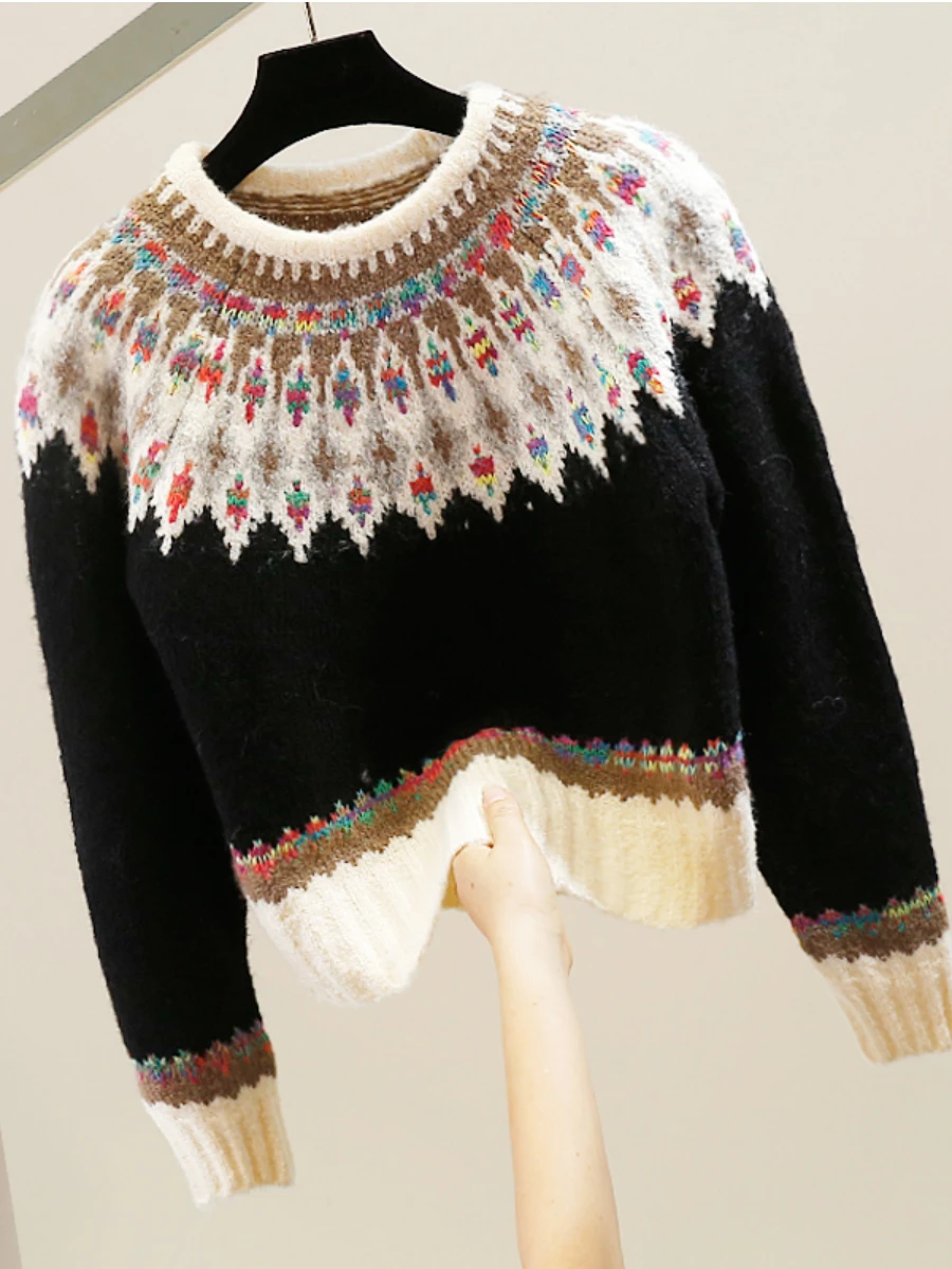 Ethnic Style Contrast Color Jacquard Pullovers Fashion Round Neck Loose Thick Long Sleeve Sweater Casual Slimming Knitted Tops