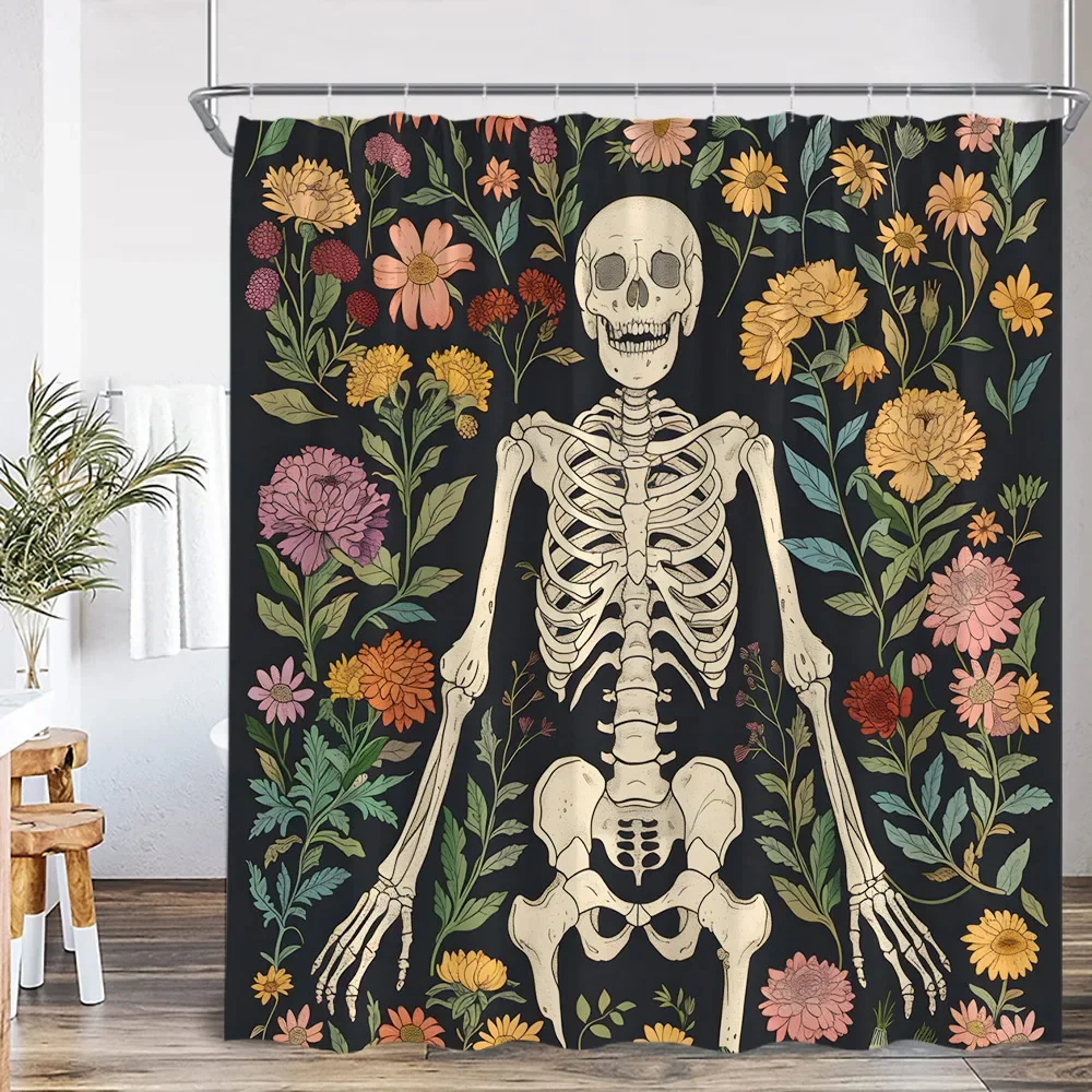 Funny Skull Shower Curtain Happy Halloween Skeleton Pumpkin Ghost Scary Bathroom Decor Spooky Horror Polyester Bathtub Curtain