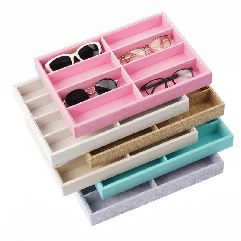 

8 Slots Velvet Sunglasses Organizer Tray Stackable Eyeglasses Storage Box for Drawer Closet Glasses Display Holder