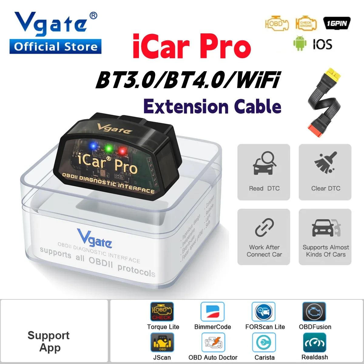 Vgate iCar Pro elm327 V2.3 OBD 2 OBD2 Car Auto diagnostic Scanner WIFI Bluetooth 4.0 for IOS Tool Extension Cable OBD PK 327V1 5