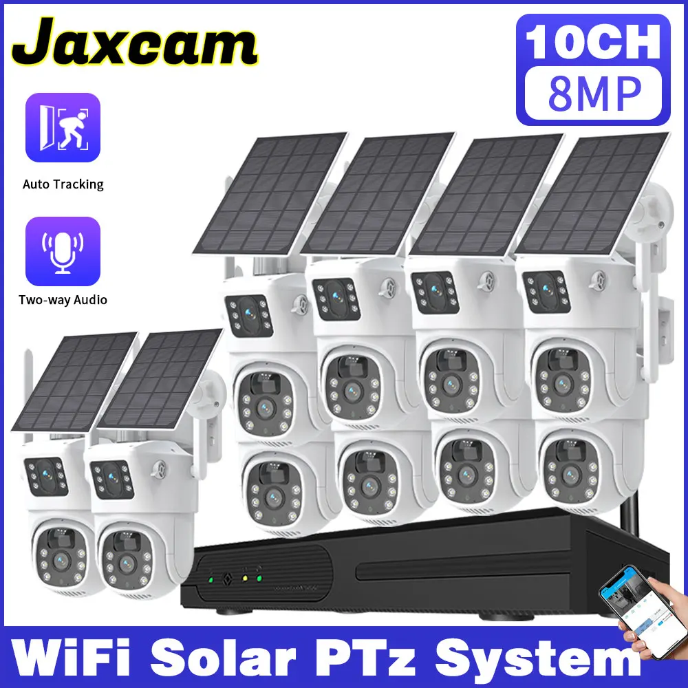 

4K 8MP Dual Lens Wifi Solar CCTV Camera System 10CH Wireless NVR Kit Two-Way Audio PTZ IP Security Camera Video Surveillance Set