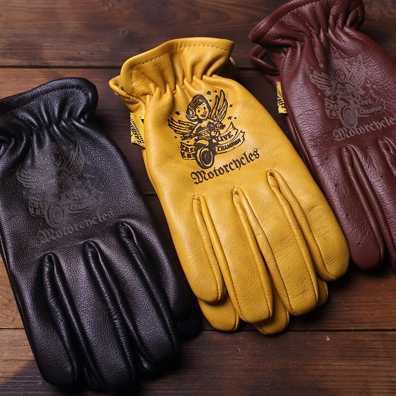 4 Season Cowhide Leather Gloves Full Finger Racing Men Women Driving Yellow Bike Knight Motorbike Gloves S2571