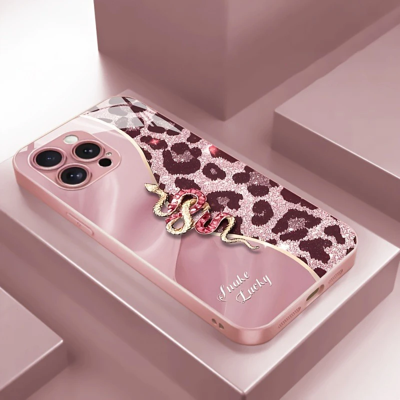 

Spliced Leopard Print Golden Snake Metallic Paint Glass Phone Case For iPhone 17 16 15 14 13 12 11 Pro Max Plus 16E 17Air Cover