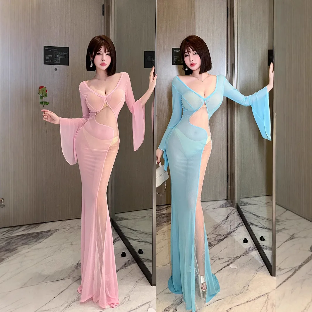 

Сексуальное вечернее платье-русалка с глубоким V-образным вырезом, длинное, облегающее, с рукавами-колокол, из других материалов