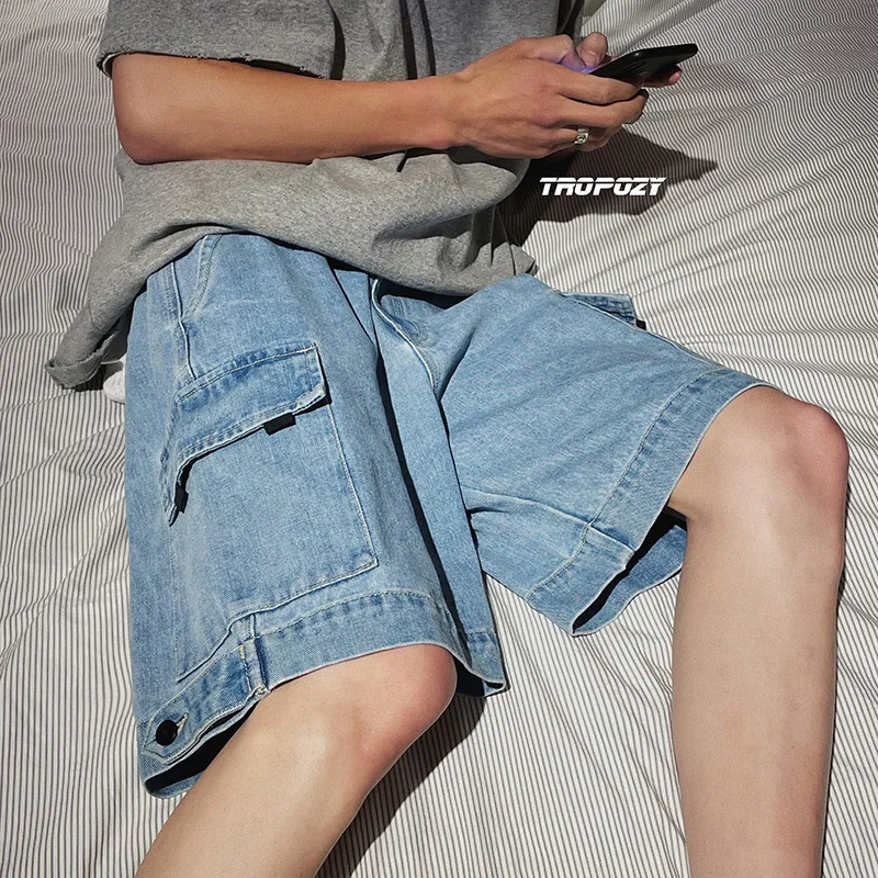 Men's Summer Loose Denim Shorts Capris Casual Fashion Handsome Loose Pocket Straight Jeans Shorts