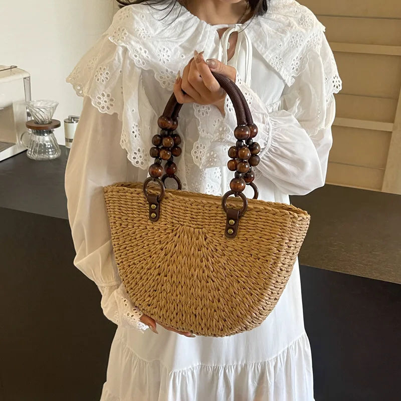 2024 New Handmade Grass Woven Women Bag with Wooden Bead Handle Half Round Beach Style Tote Bag Women Handbag