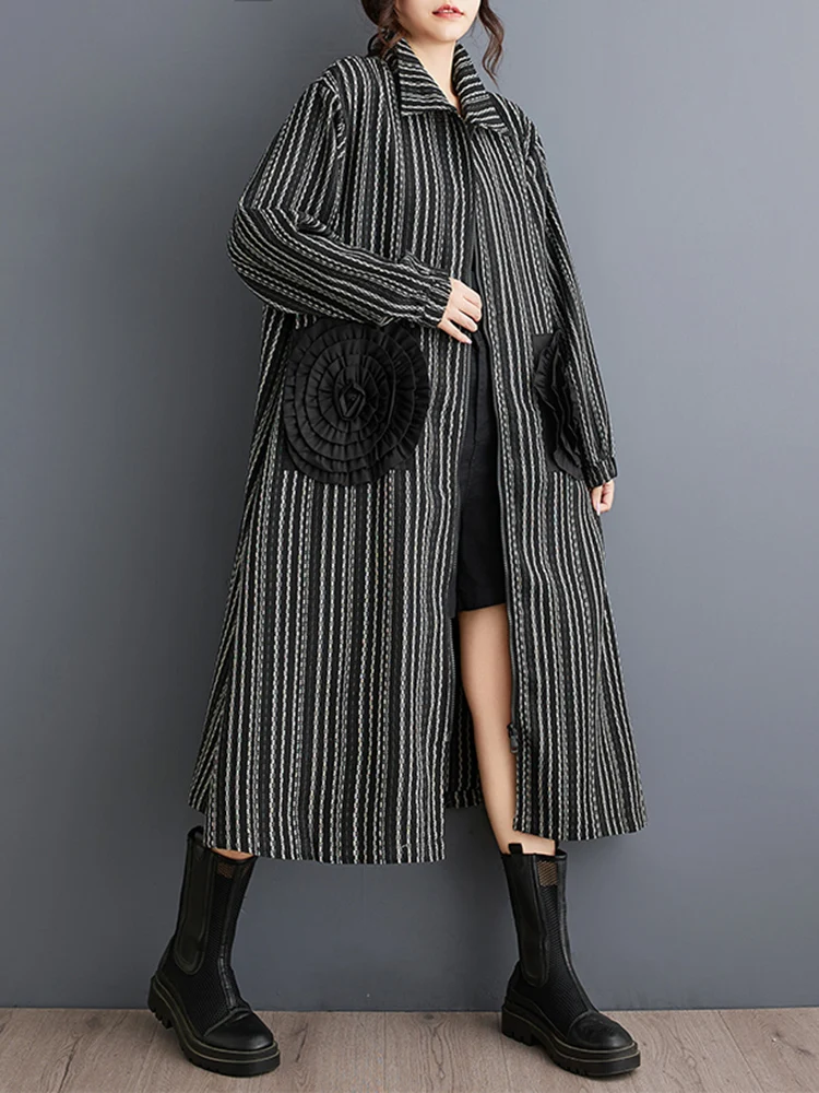 2025 Spring Autumn Oversized Vintage Stripe Long Trench Coat For Women Patchwork Floral Casual Loose Vintage Outerwear Cardigan