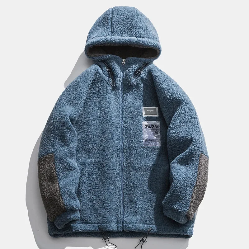 Men Winter Fleece Jacket Lamb Wool Hooded Coat Mens Thick Warm Coat Loose Japanese Streetwear Casual Harajuku Zippered Jacket