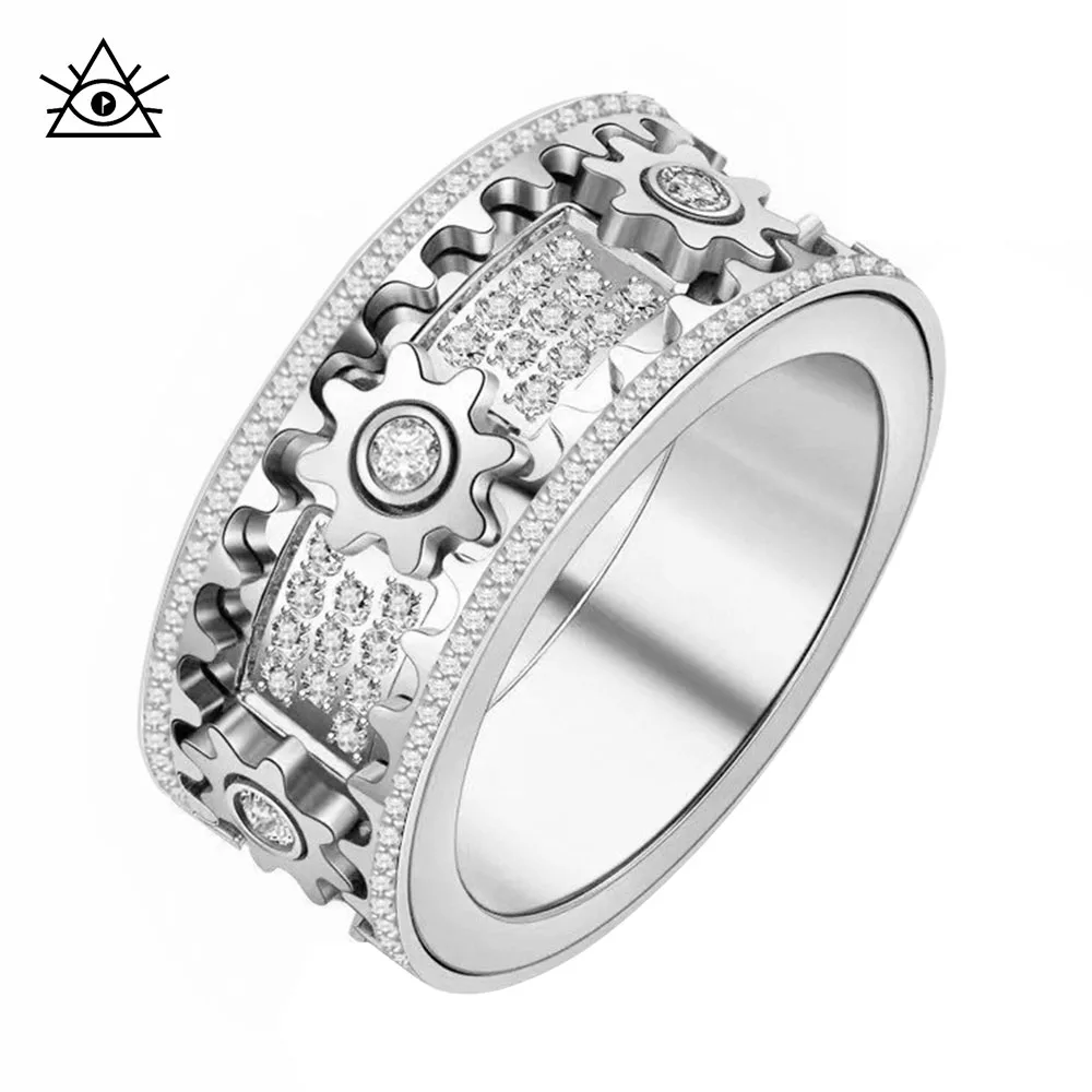 

Luxurious Baby's Breath Rhinestones Rotating Mechanical Gear Ring For Men And Women Cnc Fashion Hand Jewelry