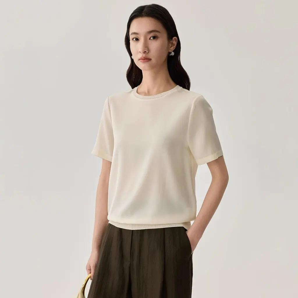 

Women's Summer Silk T-shirt Solid Color round Neck Simple Air Casual Basic Short Sleeve Top