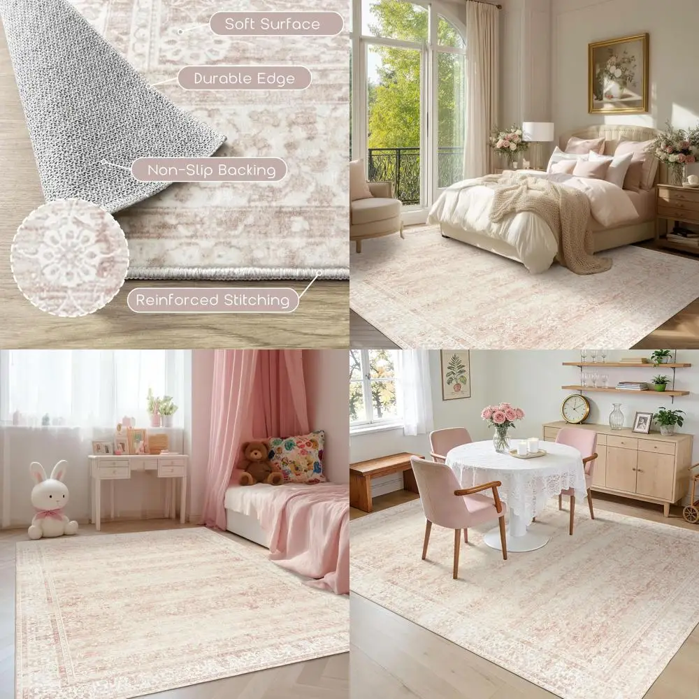 

Soft Faux Wool Nursery Rug, 5x8, Neutral Blush Pink Boho Floral, Washable for Baby Girl's Living Room & Bedroom