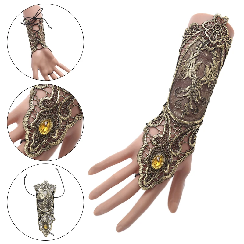 Puño de encaje gótico Steampunk, guante sin dedos, calentador de brazos, pulsera negra, accesorios de Halloween, 1 unidad