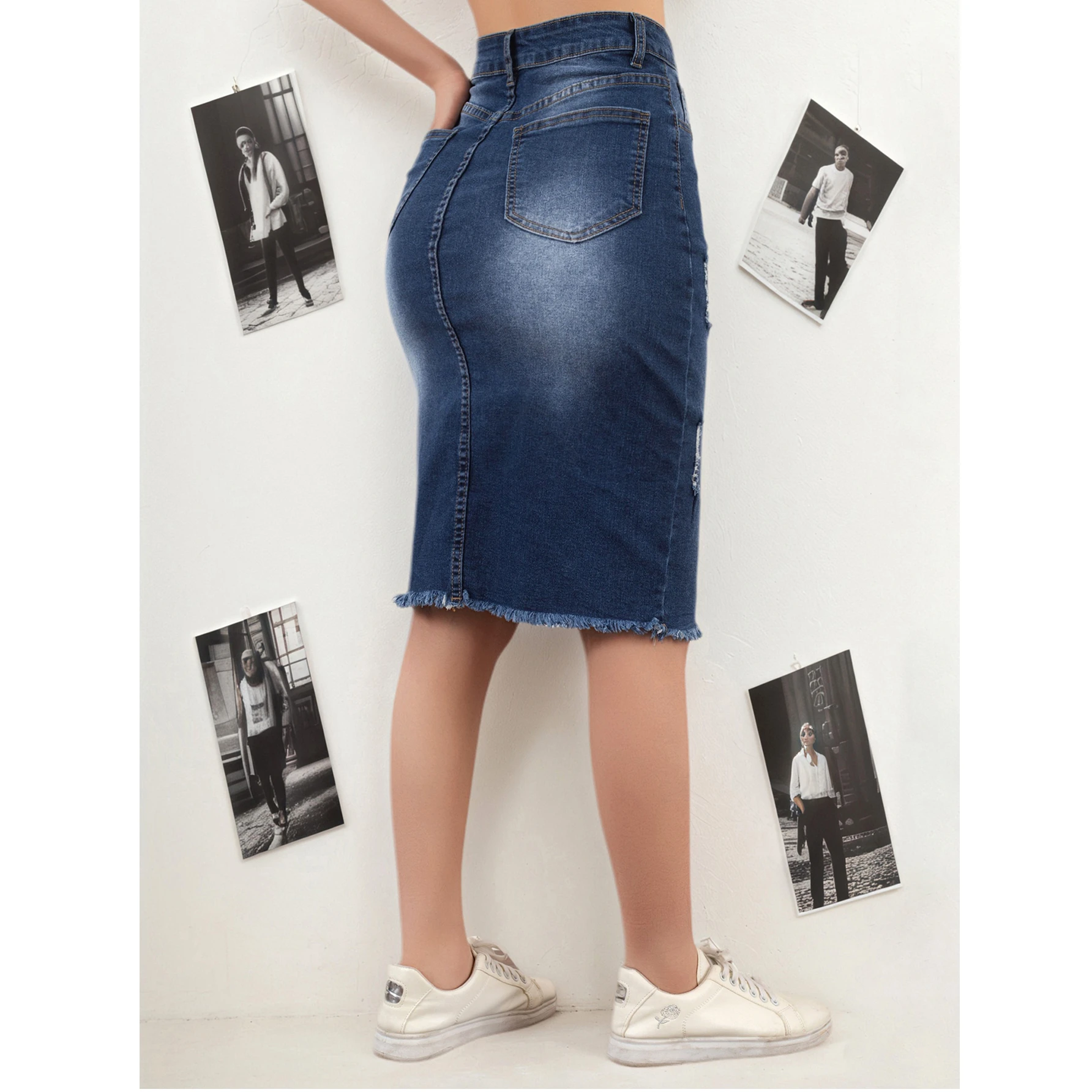 Falda vaquera azul oscuro para mujer, informal, versátil, con dobladillo deshilachado, de longitud media, cruzada, para primavera, verano y otoño, ideal para ocasiones informales.