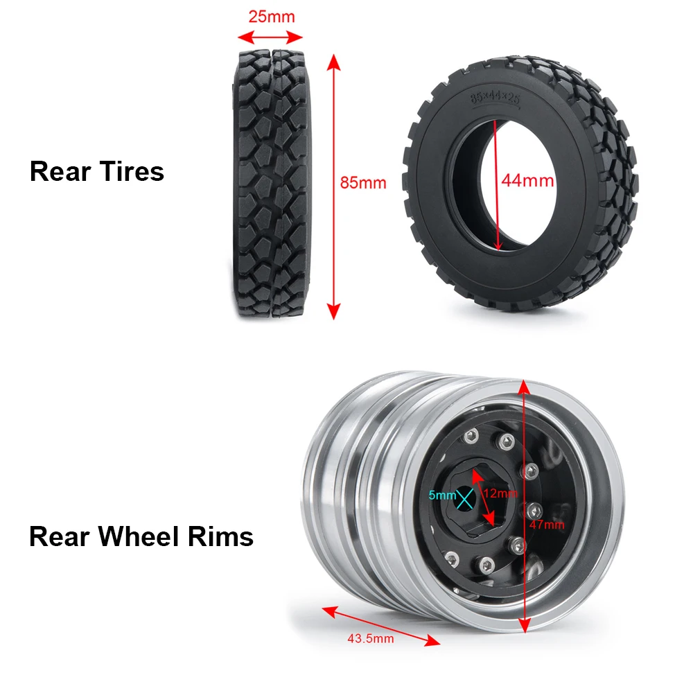 MIBIDAO Front/Rear Wheel Tires 25mm 22mm Rubber Tire For 1/14 RC Truck Car Wheel Hub Rim DIY Parts