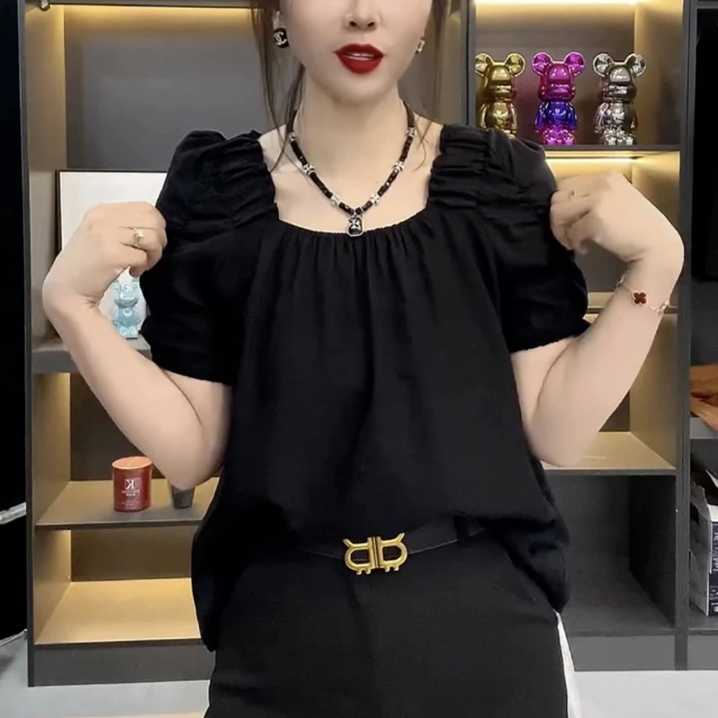 Mode Alle-spiel Jugend Hemd Tops Sommer Solide Lose Plus Größe Einfachheit Plissee Vintage Bluse Elegante Casual Frauen Kleidung