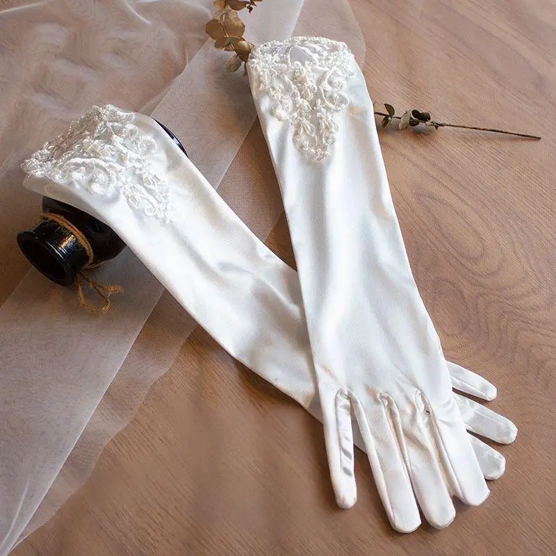Elegant Lace Satin Bride Gloves Eblow Length White Lace Christmals Party Gloves Wedding Party Wedding Gloves