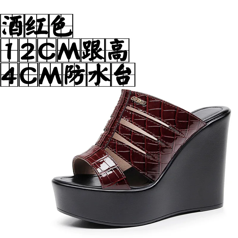 High quality summer leather wedge Slipper for women 6cm 8cm 10cm high heel 33 34 open toe elegant fashion shoe view 6