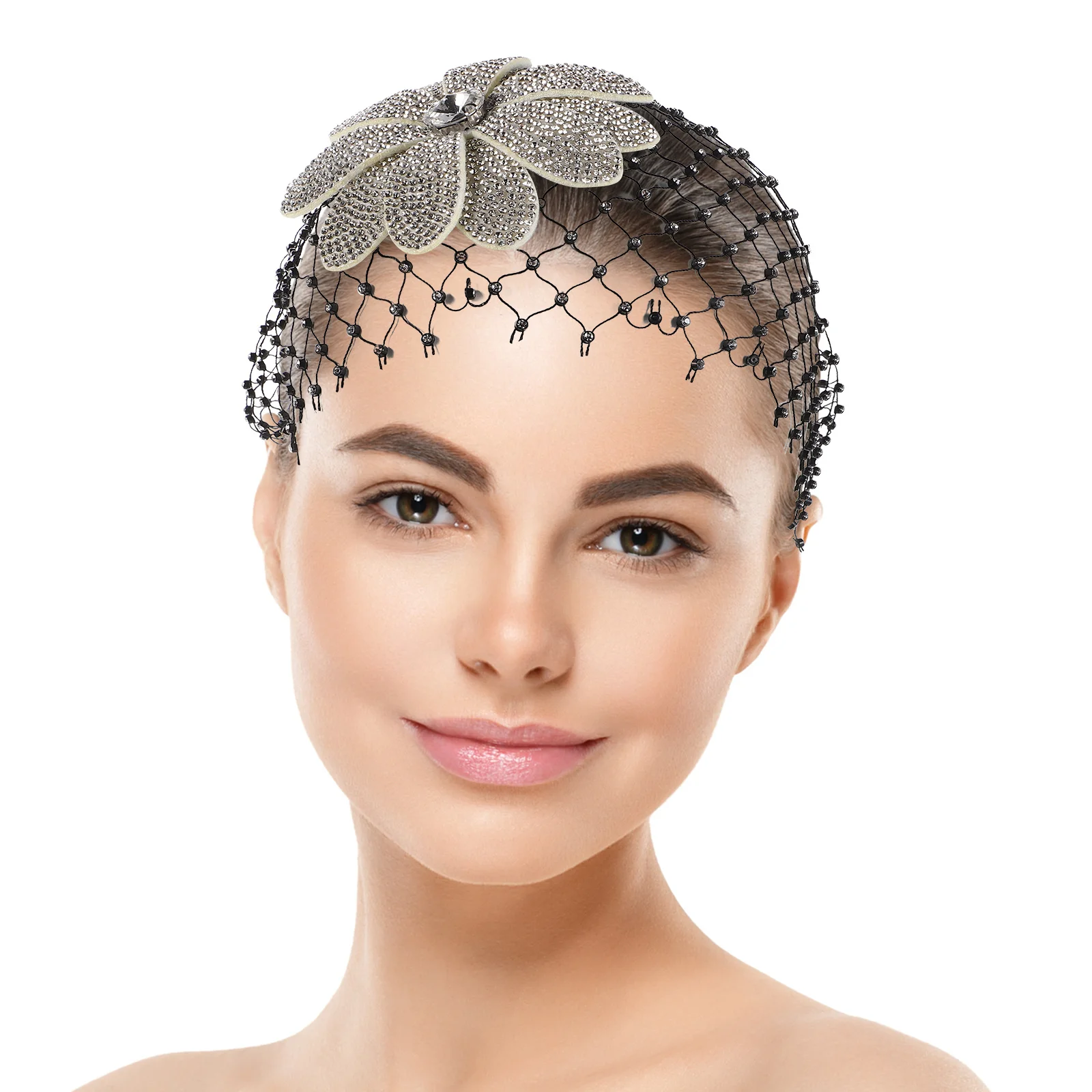 

French Vintage Mesh Hair Net Cap Sparkling Rhinestone Floral Headpiece For Women Wedding Party Formal Events Hair