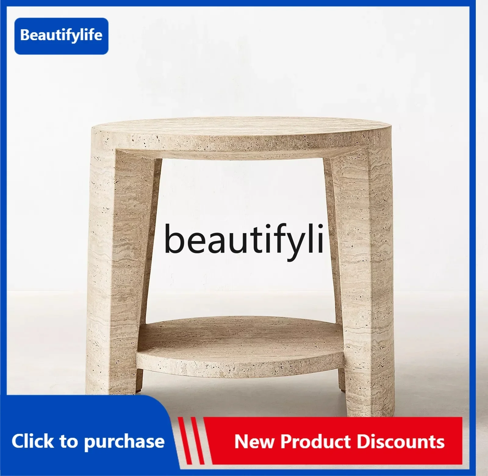 

zJ6660Wabi Sand Travertine Round Edge Living Room Household Bedroom Balcony Round Table Double Bedside Table
