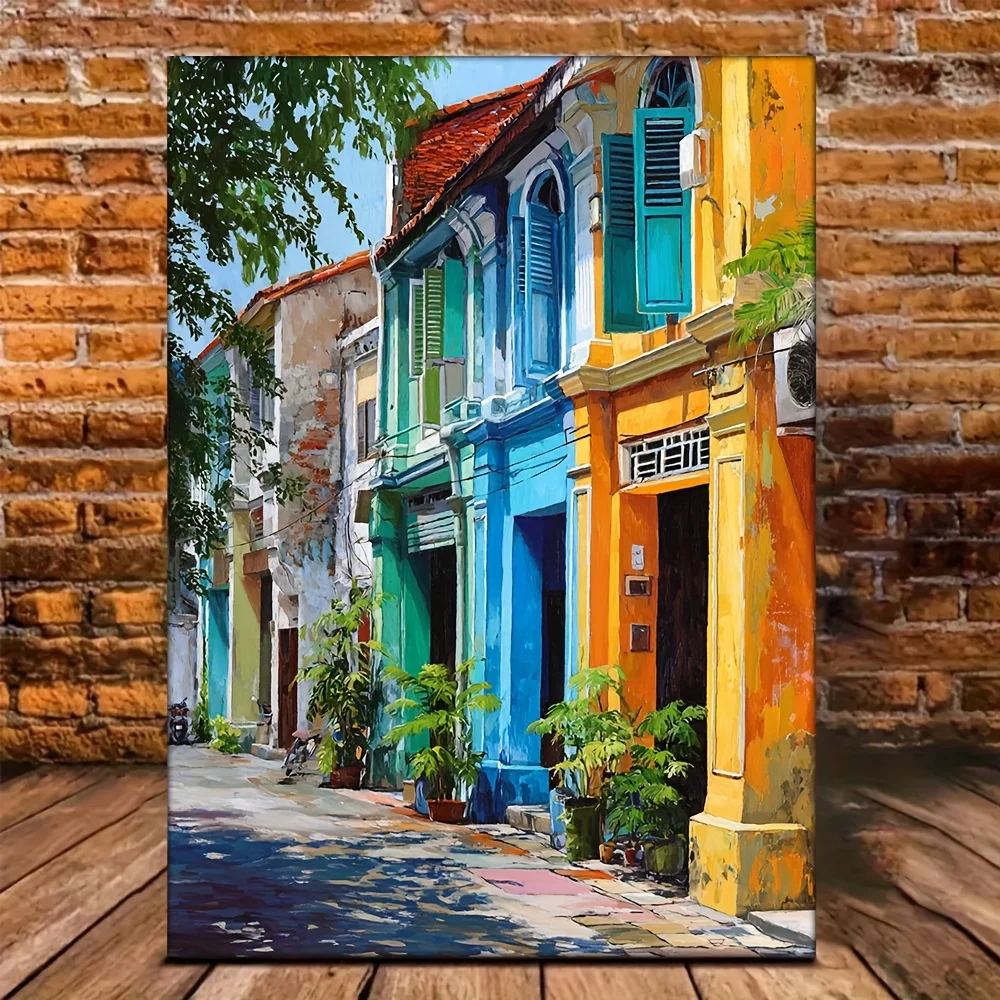 (No frame)1pc/with Frame/12x16inch [2D Flat] HD Oil Painting/Rge Town Penang Malaysia Art/Colonial Buildings, Colorful Murals