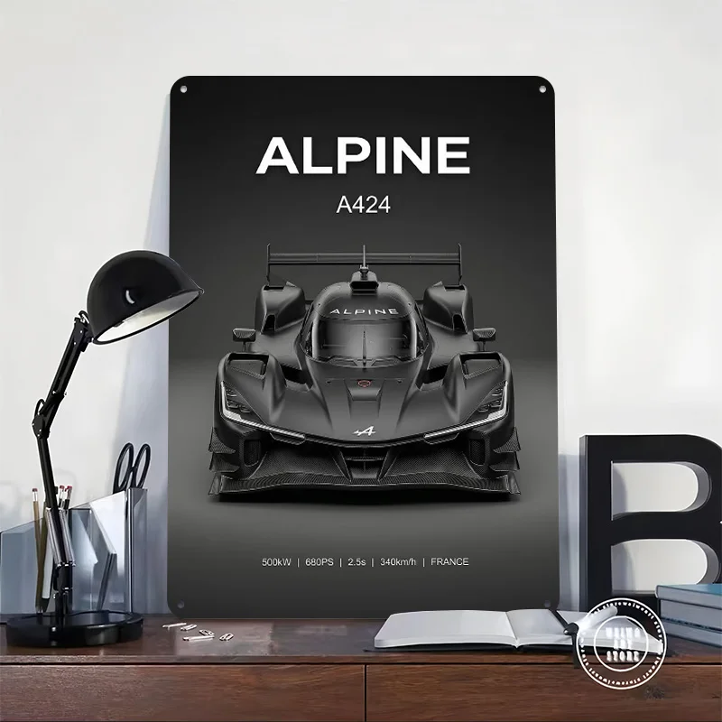 Sleek Black Alpine A424 Race Car 3D Texture Printed Poster Custom Vintage Metal Tin Plate Sign for Wall Art Decoration Room Home