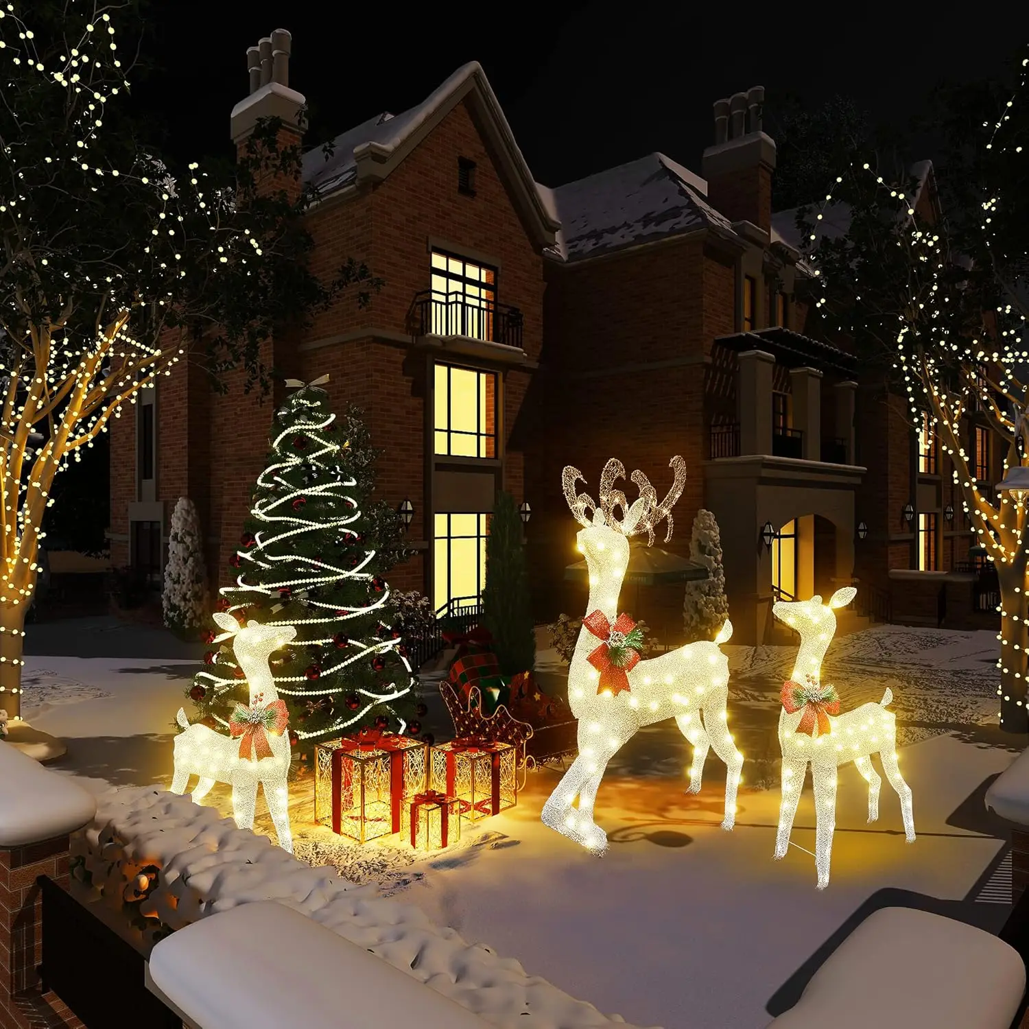 3-delige Rendieren Kerstdecoratie Familie Set, Verlichte Kerst Rendier Met Strikken & 230 Warm Witte Ledverlichting