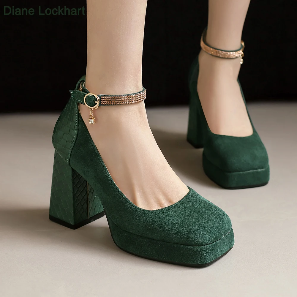 Punk Platform High Heels Women\'s  Ankle Strap Mary Janes Shoes Woman Luxury Green Beige block Heeled Party Shoes Chunky Pumps