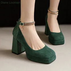 Punk Platform High Heels Women's  Ankle Strap Mary Janes Shoes Woman Luxury Green Beige block Heeled Party Shoes Chunky Pumps