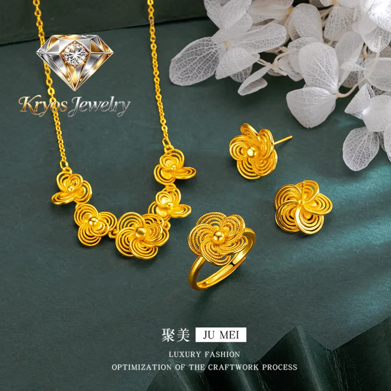 

Kryos Jewelry Luxury 24K 9999 Pure Gold real gold Silk Flower Rhyme 3 Pieces suit Set Chain Women's Ring Earrings Wedding Jewelr
