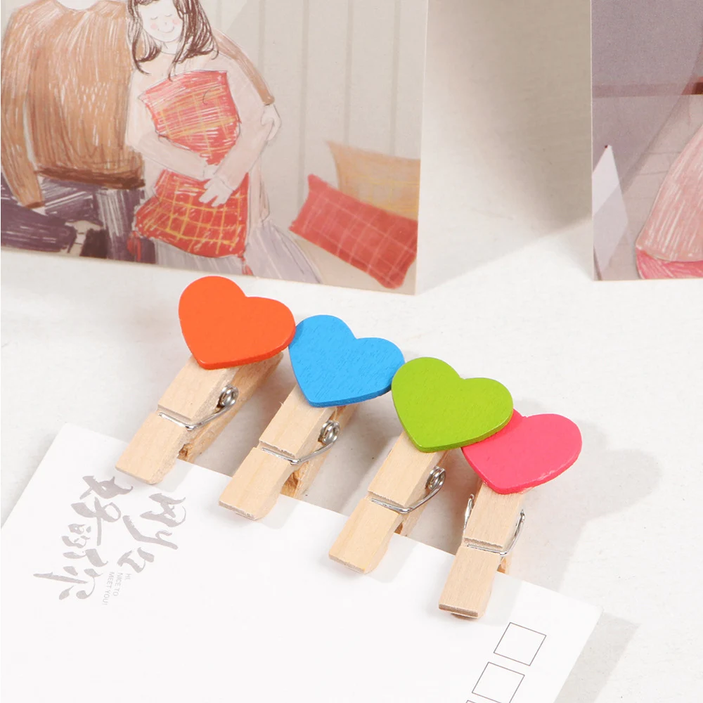 

500/2000Pcs Mini Heart-Shaped Wood Clips Spring Birch Colorful Wooden Clips for Scrapbooking Wood Crafts Wedding Decoration
