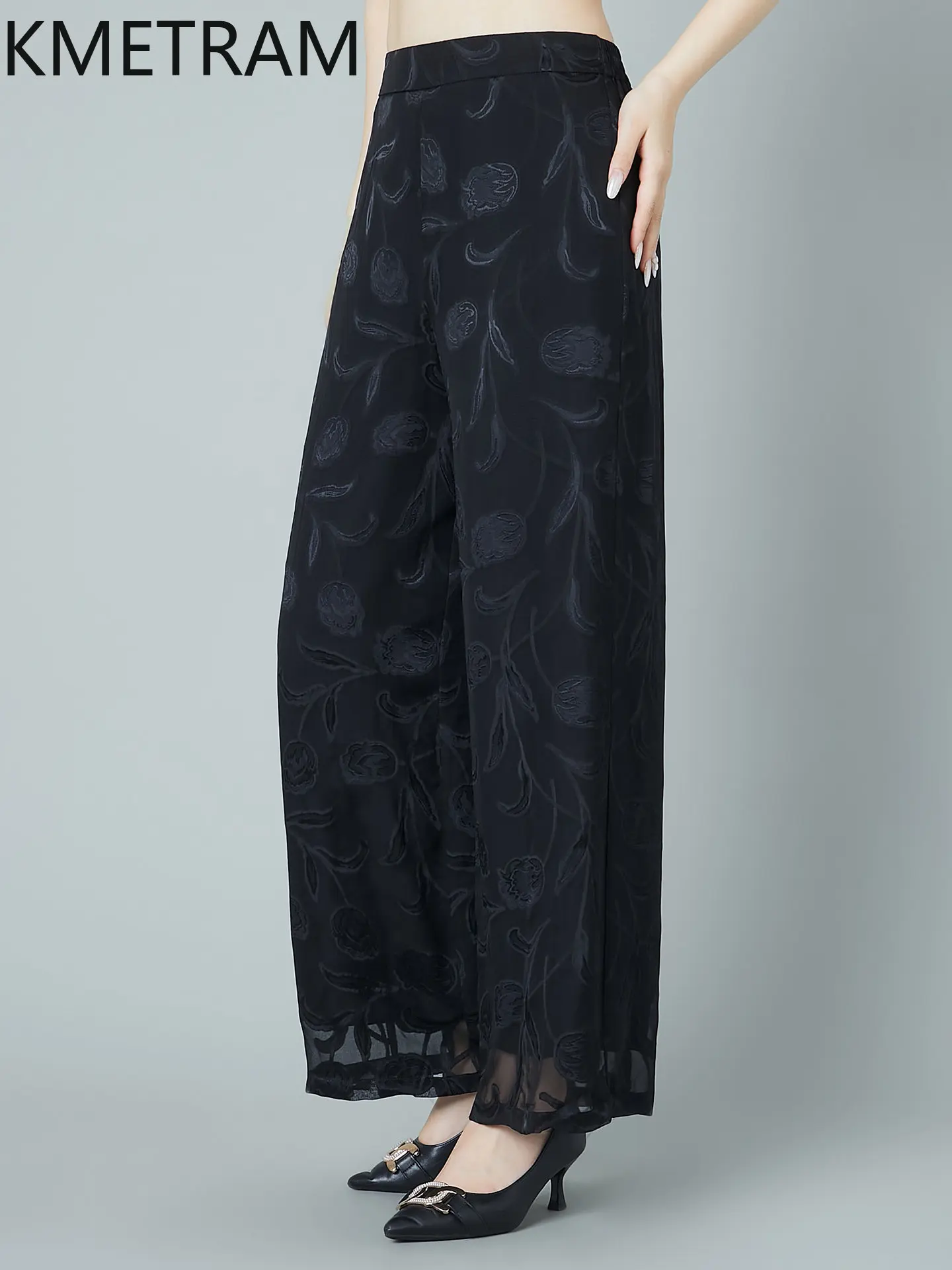 KMETRAM 100% Real Silk Women Pants 2026 Summer Elegant Embroidered Double-layer Straight-leg Pant Woman Clothes Roupas Femininas