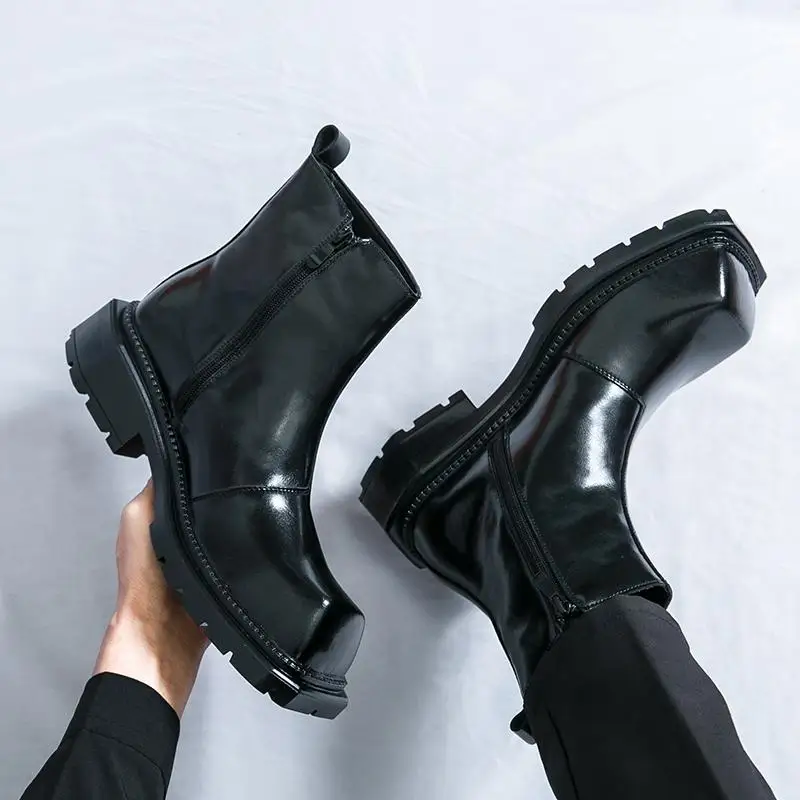 

Мужские высокие ботинки челси, весна 2024, модные ботинки с квадратной головкой, кожаные ботинки с боковой молнией для молодых взрослых