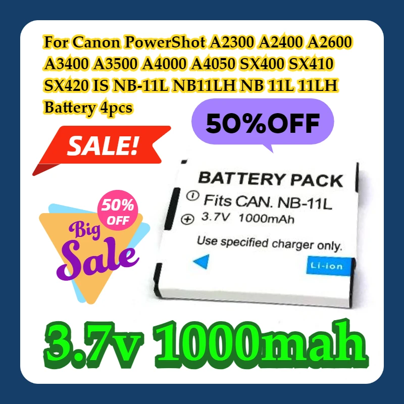 

For Canon PowerShot A2300 A2400 A2600 A3400 A3500 A4000 A4050 SX400 SX410 SX420 IS NB-11L NB11LH NB 11L 11LH Battery 4pcs