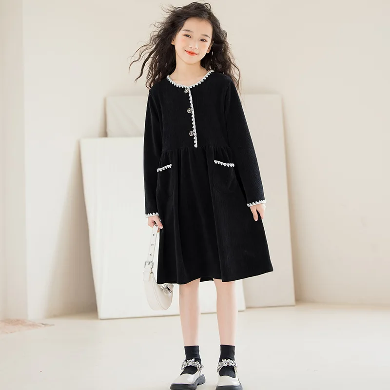 Girls' Chenille Dress Mid-Length Spring and Autumn Children's Princess Dress Big Kids Over-the-Knee Dress Stylish