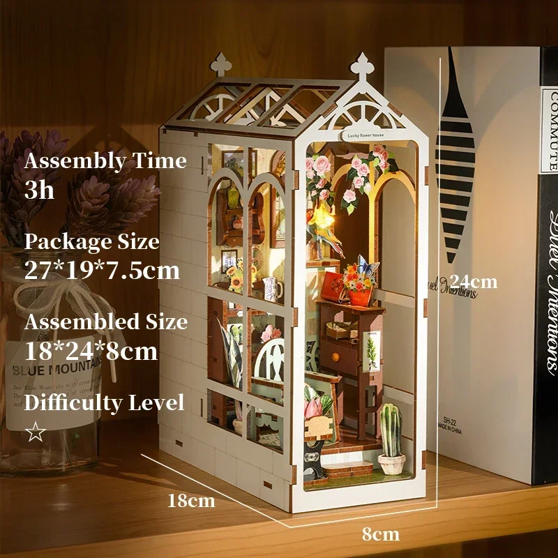 

Flower House Casa Book Nook DIY Wooden Shelf Insert Kit Miniature Model Kits Bookshelf Garden Bookend for Friends Gifts
