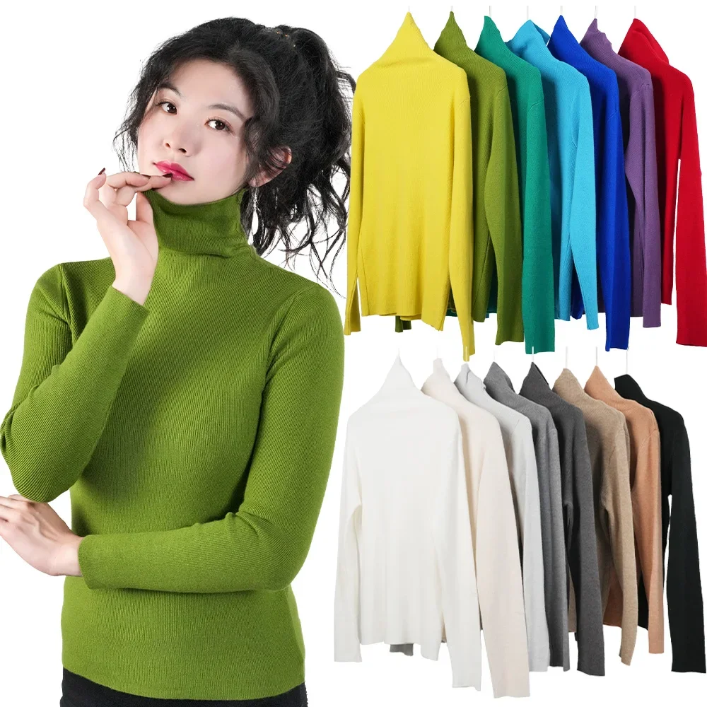 Women's Sweater Choker High Collar Thermal Tops Woman Turtleneck Slim Thin Sweaters Candy Color Jumper Knitwear Pullover Outwear