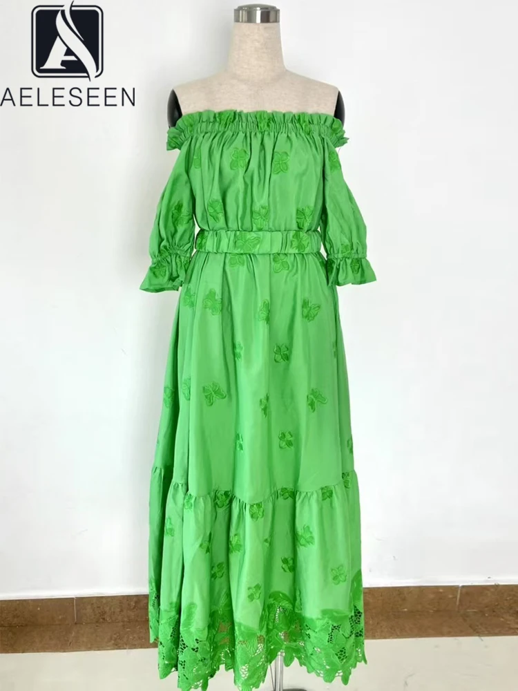 

AELESEEN Fashion Designer Midi Dress Women Summer Off the Shoulder Slash Neck Flower Embroidery Ruffles Elegant Party Female