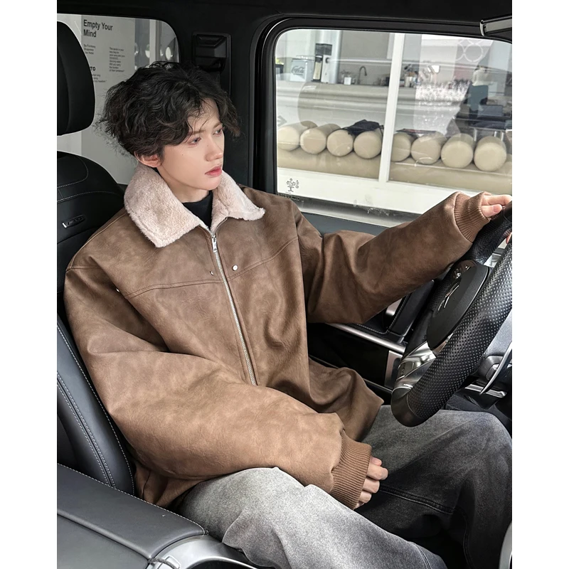 

Мужская зимняя куртка из кожи с меховой подкладкой, утепленная, в стиле тай-дай, хлопковая мотоциклетная куртка, американская пилотская куртка, теплая молодежная одежда в стиле фэшн