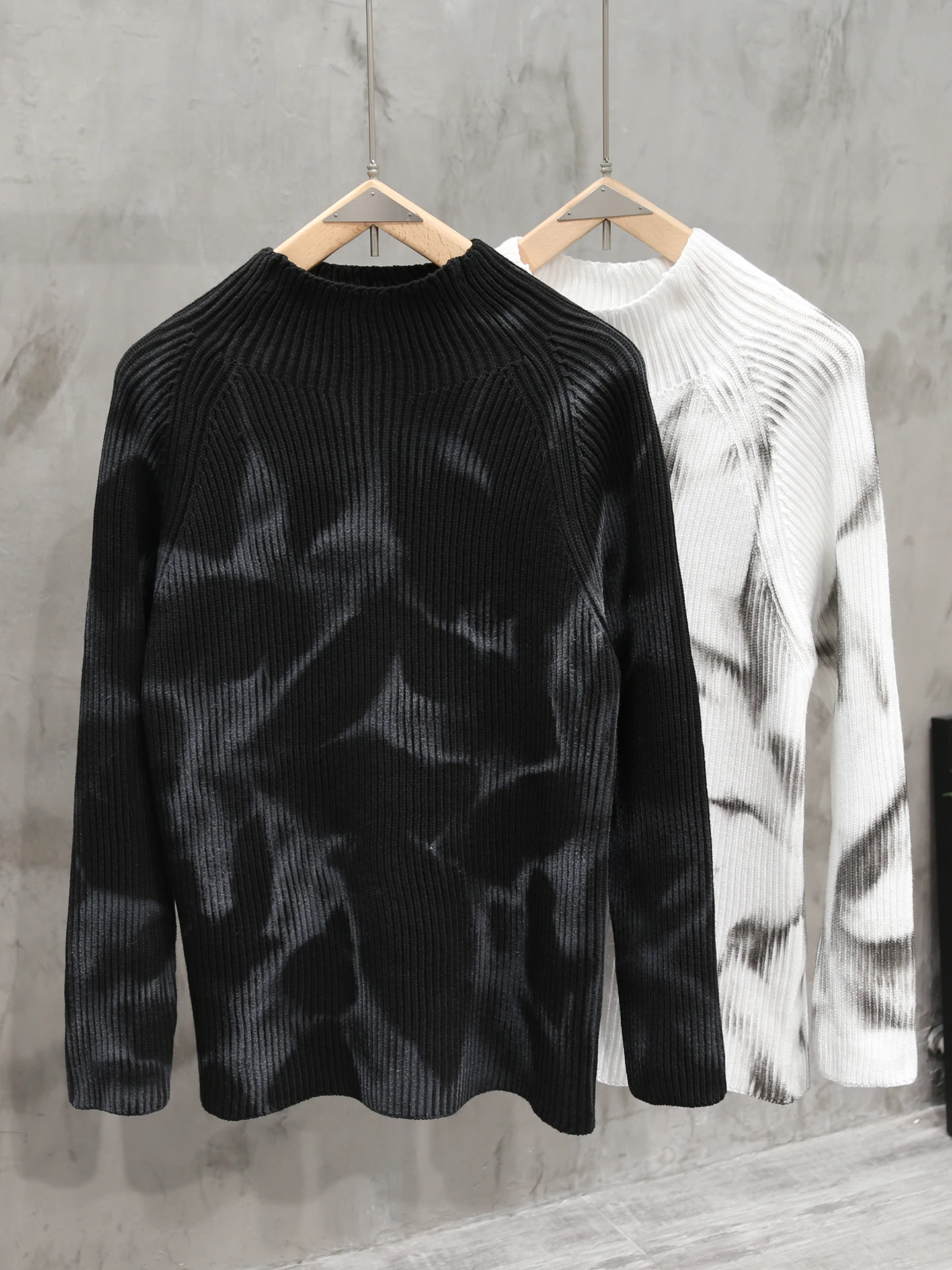 

Мужской свитер с высоким воротом и принтом тай-дай, осенне-зимние модные вязаные топы контрастного цвета, американские повседневные вязаные футболки для улицы