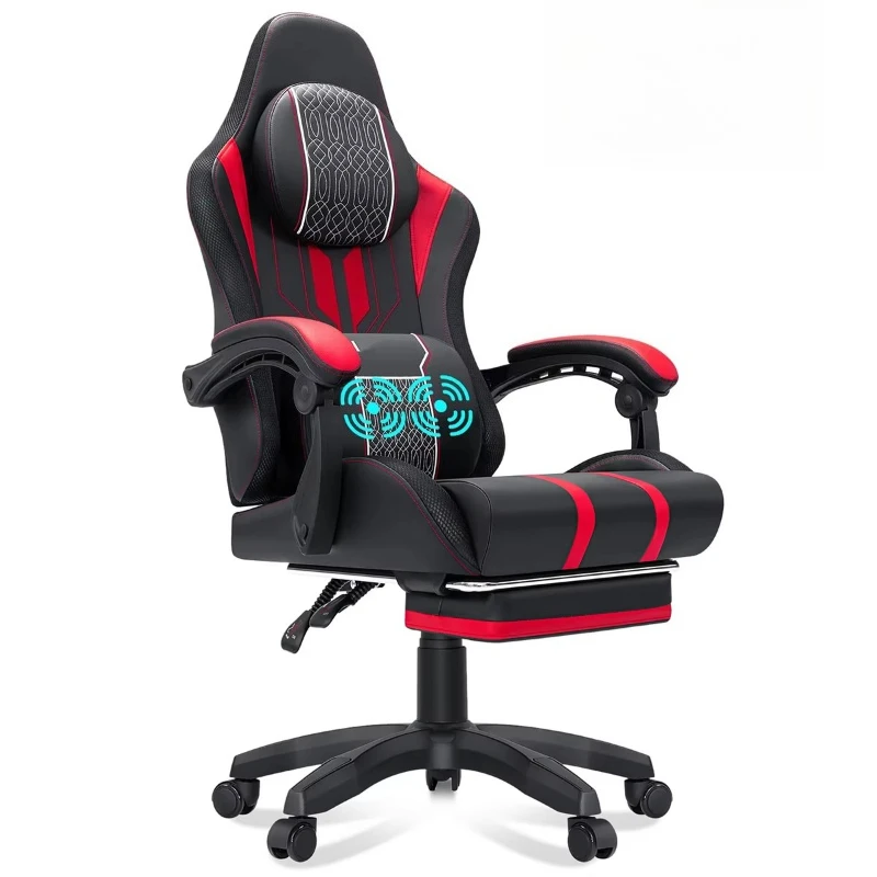 Ergonomic PU leather gaming chair with waist massage, Bluetooth speaker and RGB LED light