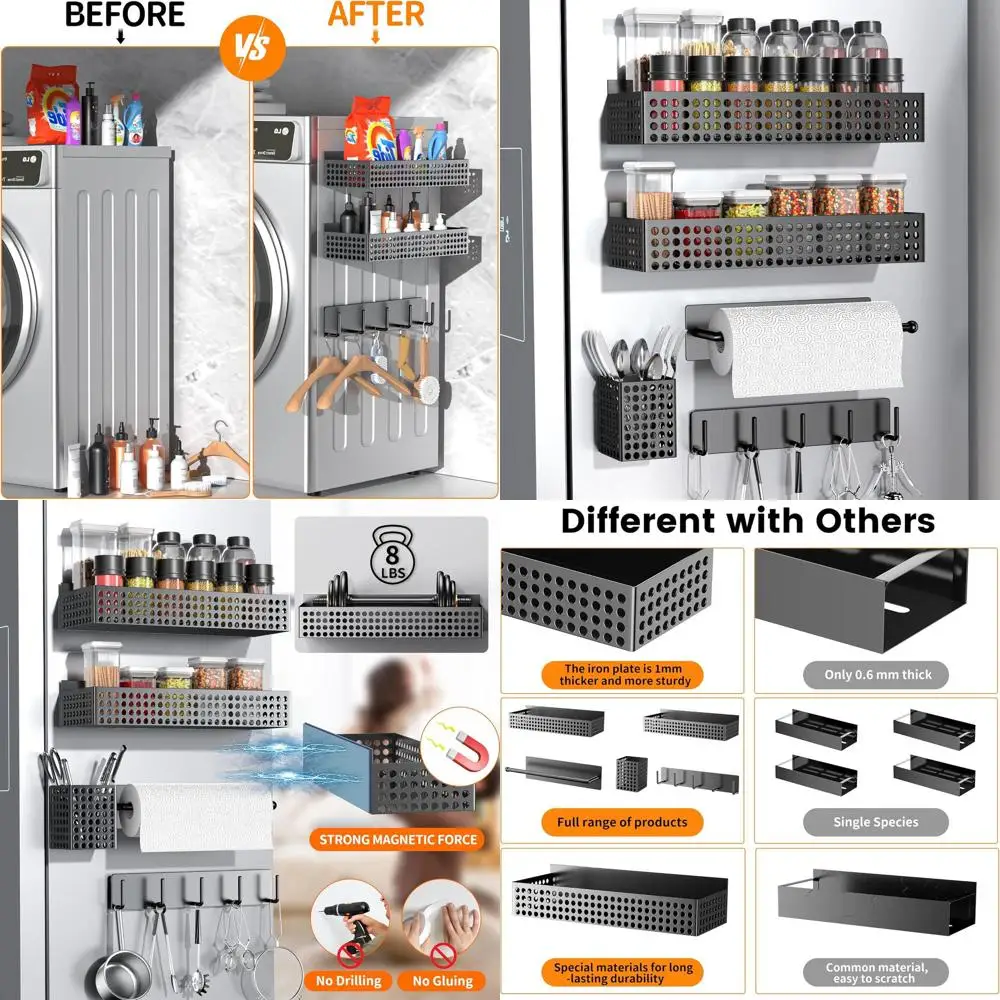 

2-уровневая магнитная полка для специй, держатель для бумажных полотенец и посуды, органайзер для хранения в холодильнике