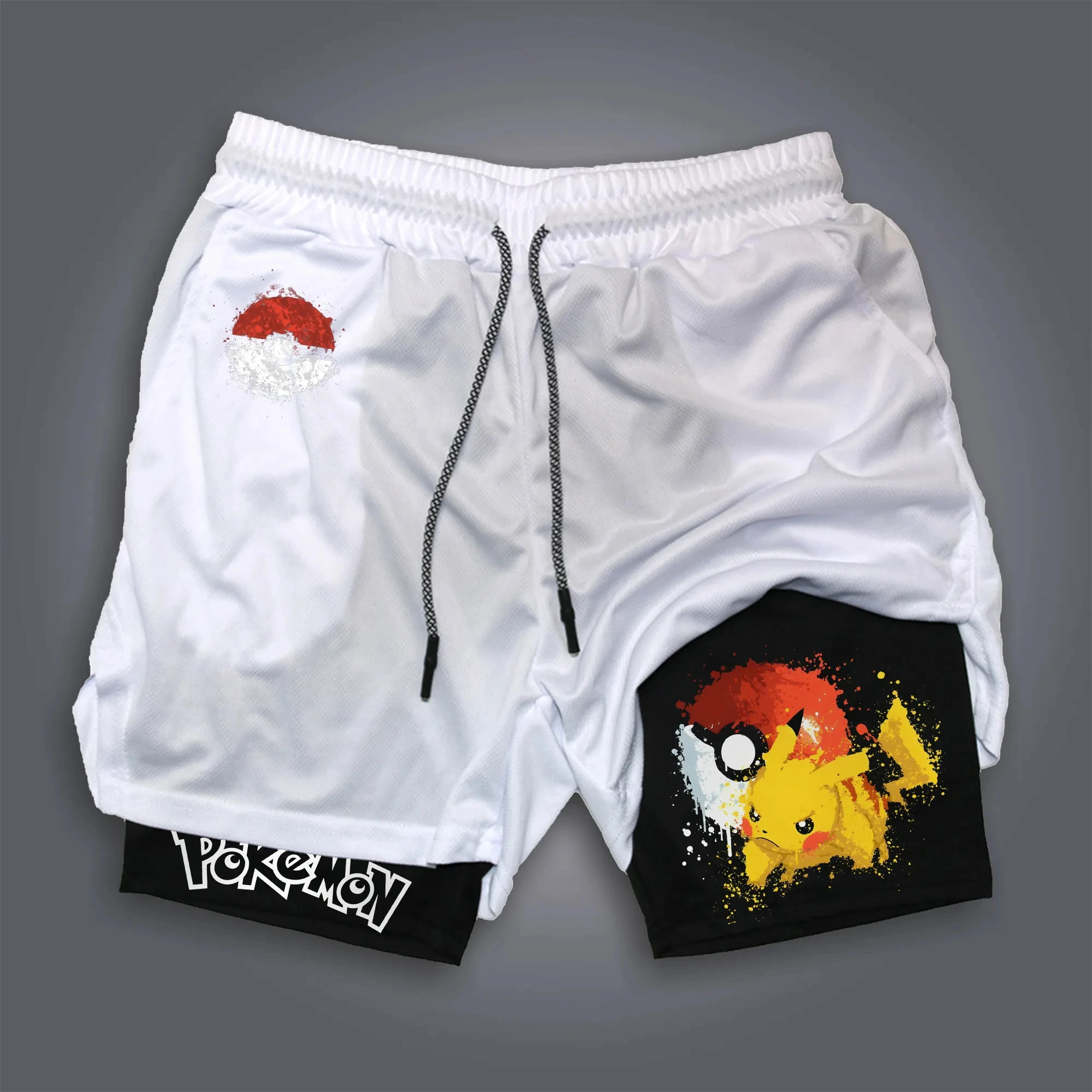 Pokémon Animation Derivatives Men's Fake Two Shorts Streetwear Pikachu Print GYM Sports Men's 2025 Summer Fashion Street Shorts