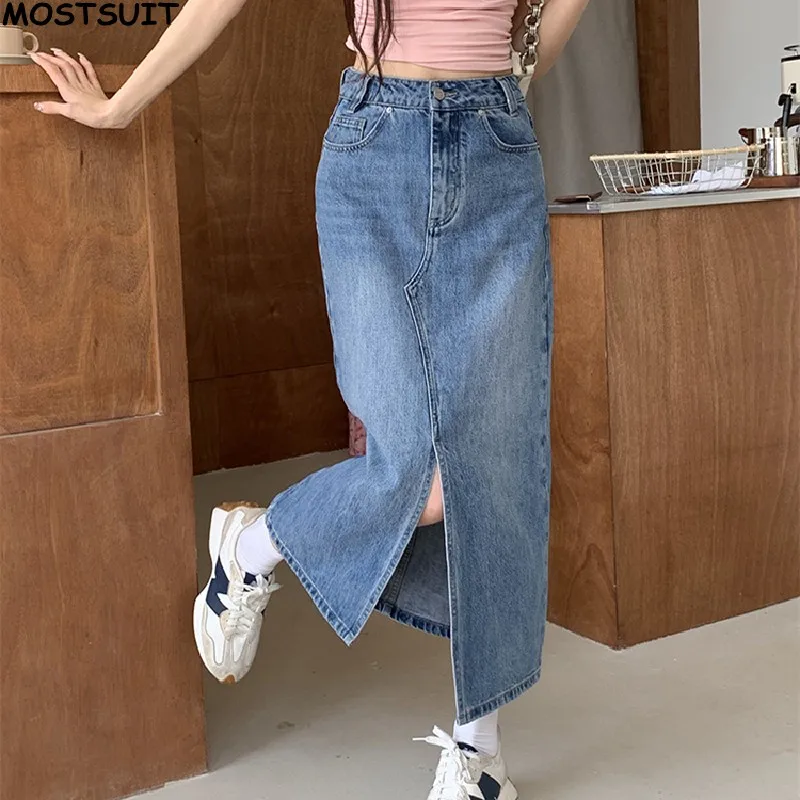 

Stylish Vintage Denim Skirts For Women High Waist Zippers Fly Split Skirt 2024 Summer Casual Fashion Ladies Skirts Femme