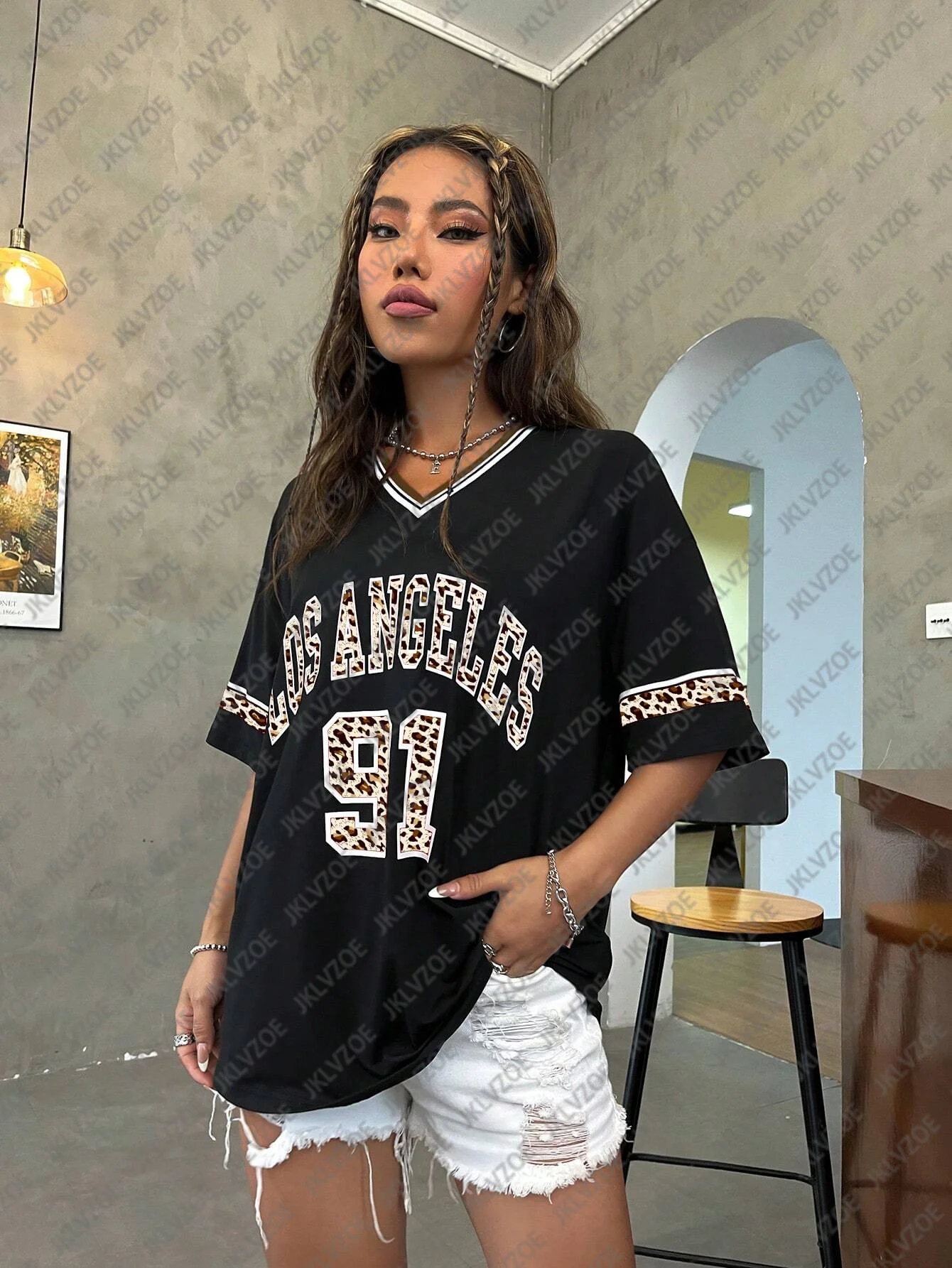 Los Angeles Number 91 TShirt For Men Women Summer Fashion Leopard Print V-neck Tee Trend Short Sleeve Female Streetwear Top