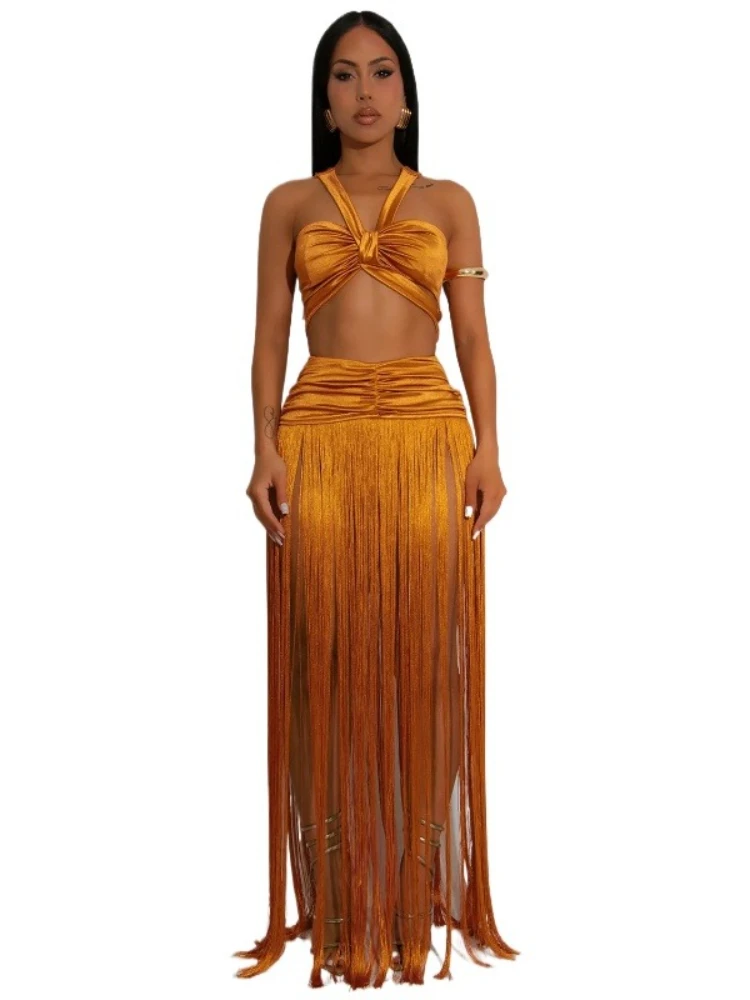 

Sexy Party Beach Women's Dress Set Crop Tops and Tassel Midi Maxi Skirts Shorts Suit Vacation Two 2 Piece Set Outfit 2025 New