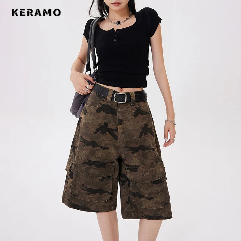 Y2K Baggy Camouflage 2000s Denim Shorts Women's Washed Vintage Casual Shorts High Street Retro High Waist Pockets Trashy Jeans