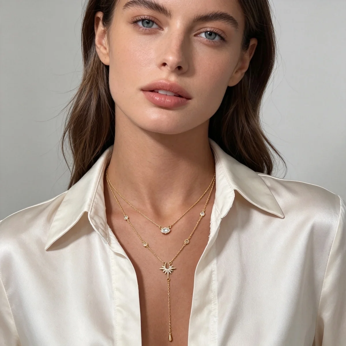 Doppelschichtige Strass-Geometrische Sonnenanhänger-Halskette in Y-Form für Frauen, Eleganter Rhombischer Sonnenblumen-Choker, Partyschmuck – Detail 13