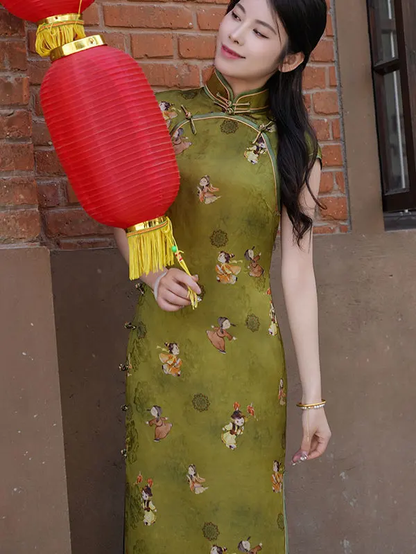 

Новинка: Длинное шелковое платье-ципао в стиле ретро, стройнящее фигуру, в артистическом стиле, для девушек, весна-лето, из тонкого шелка.