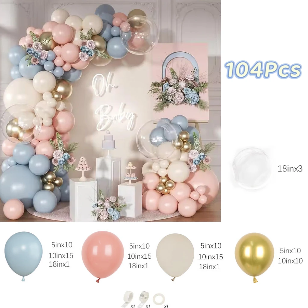 104Pcs Dusty Pink Fog Blue Sand White Clear Balloons Metallic Gold Balloons for Baby Shower Gender Reveal Birthday Party Decor